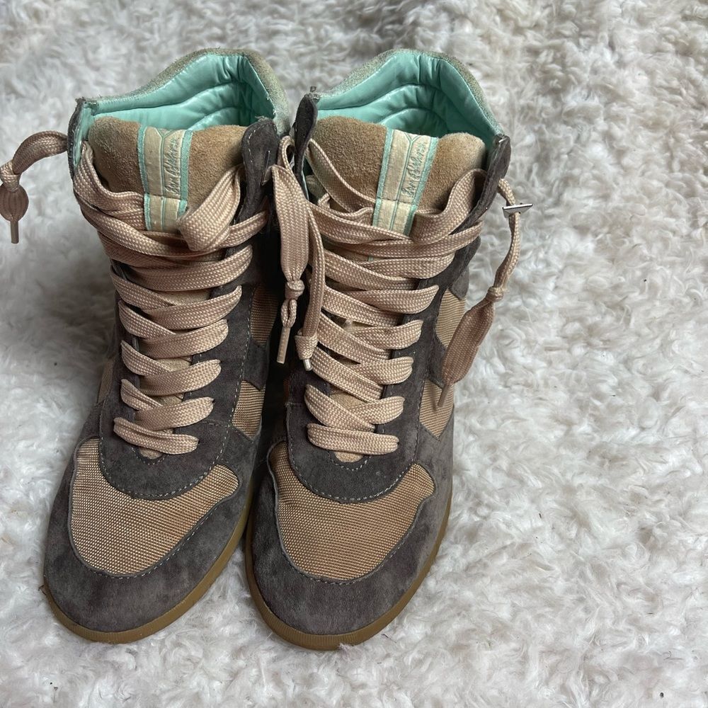 Sam Edelman leather suede gray & mint green &fabric tan lace up wedge bo…